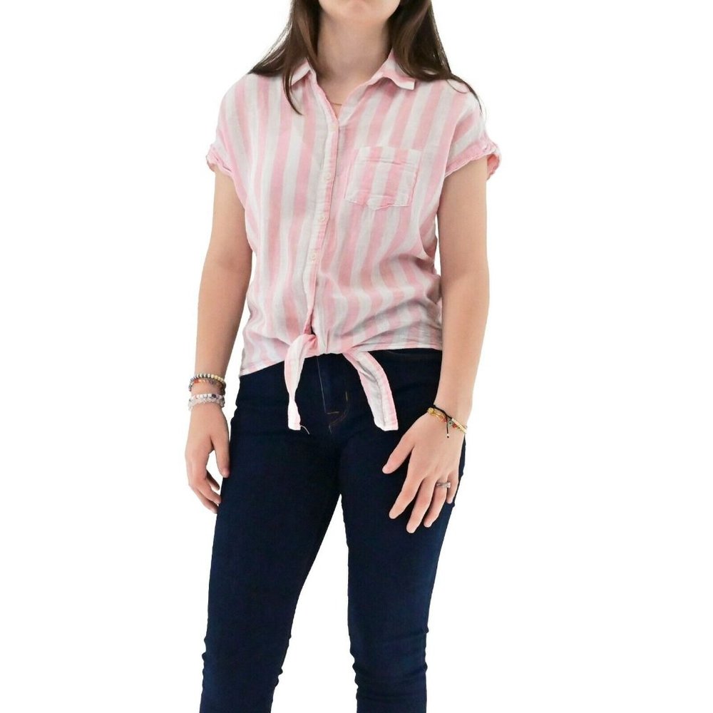 OLD NAVY Womens Striped Linen Cotton Tie Front Button Up Top Pink White Size XS
